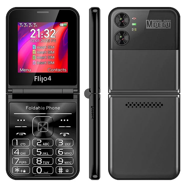 Téléphone portable à clapet avec 4 fentes pour cartes SIM, écran de 2,55 pouces - Noir / Pack de langues 4