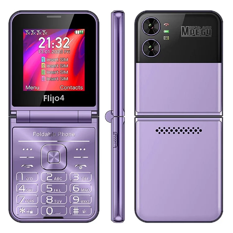 F265 2.55 Inches Cell Phone 4 SIM Cards Keypad Folding Mobile Phone - Purple / Language Pack 1