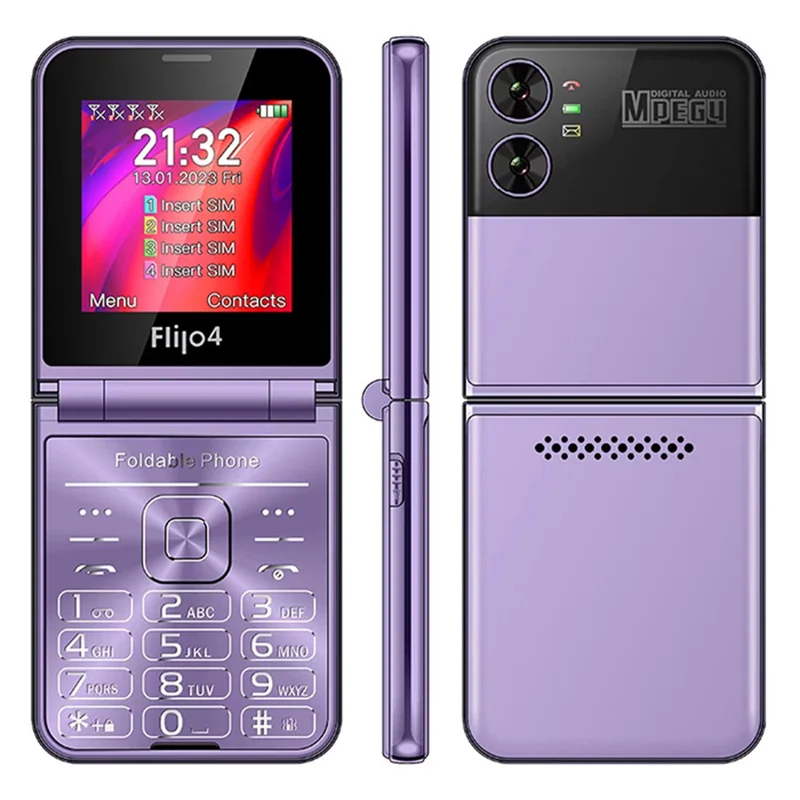 F265 2.55 Inches Cell Phone 4 SIM Cards Keypad Folding Mobile Phone - Purple / Language Pack 2