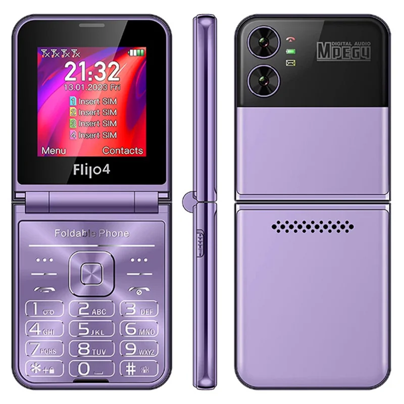 F265 2.55 Inches Cell Phone 4 SIM Cards Keypad Folding Mobile Phone - Purple / Language Pack 3