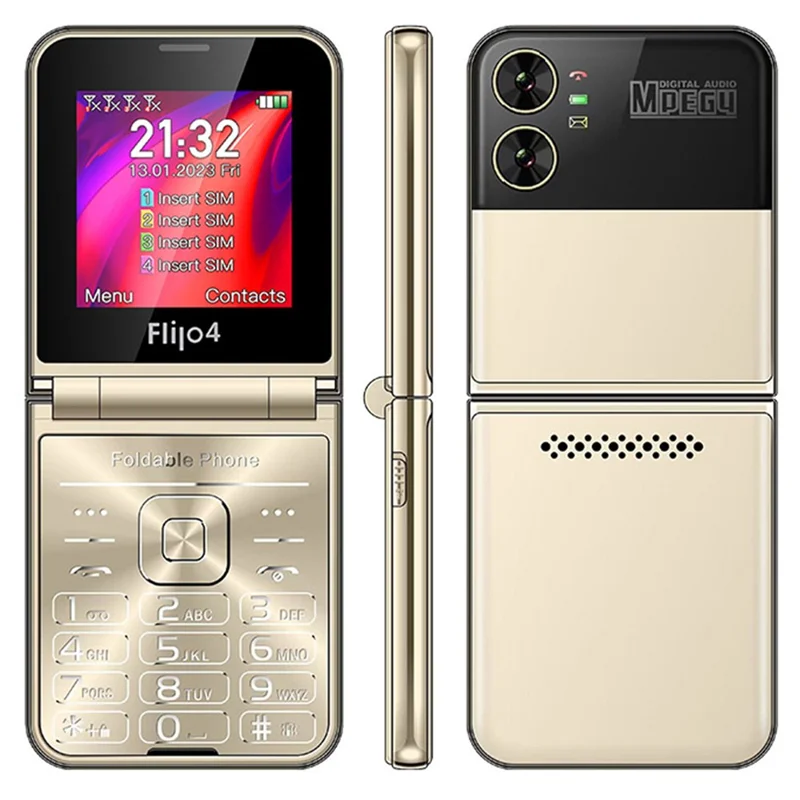 F265 2.55 Inches Cell Phone 4 SIM Cards Keypad Folding Mobile Phone - Gold / Language Pack 1