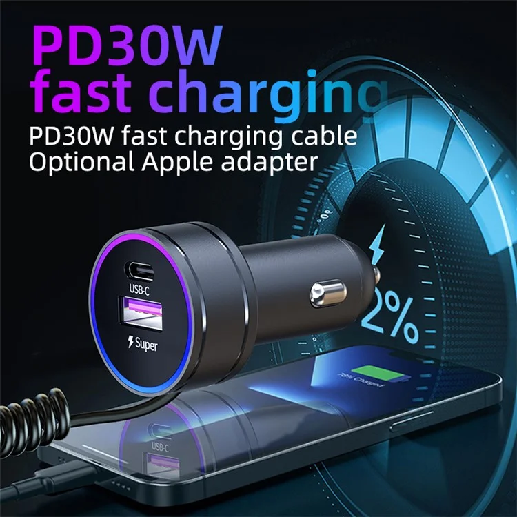 K16B RGB Light 12-24V Car Charger Adapter with PD 30W Type C Spring Cable