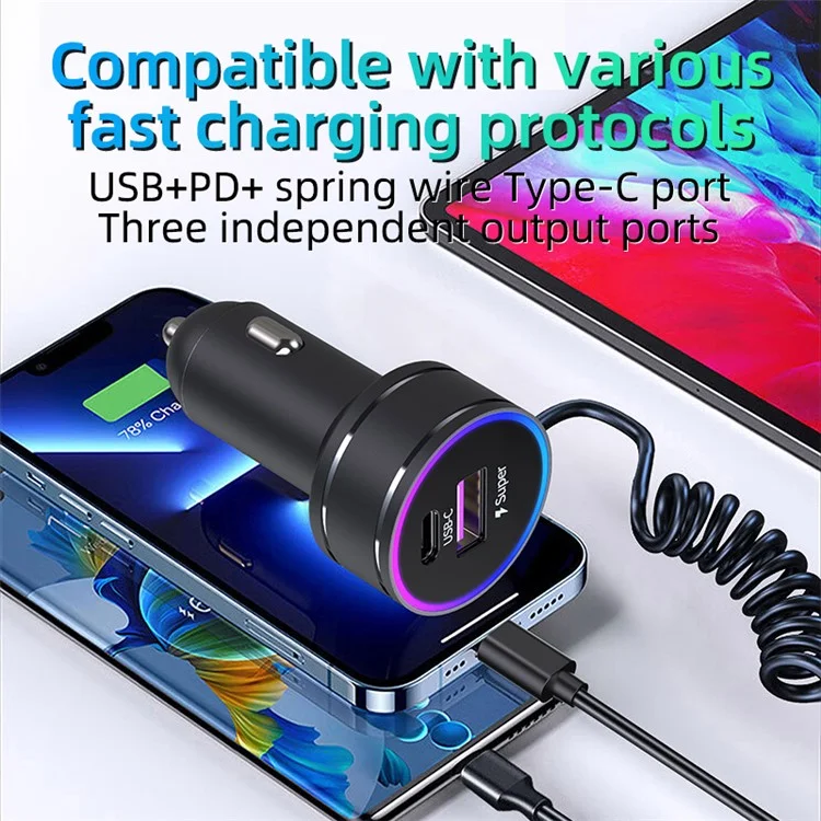 K16B RGB Light 12-24V Car Charger Adapter with PD 30W Type C Spring Cable