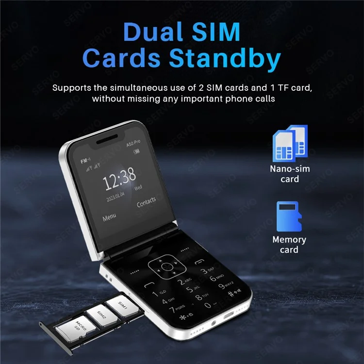 SERVO A50 Pro Dual SIM Flip 2G Bar Phone for Seniors - Black / Language 1