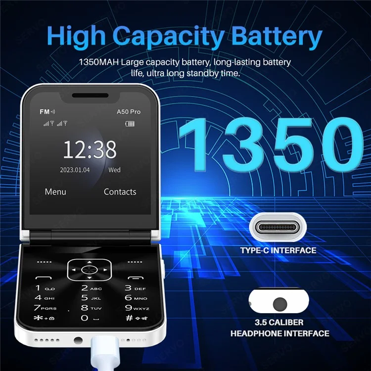 SERVO A50 Pro Dual SIM Flip 2G Bar Phone for Seniors - Bleu / Langue 1