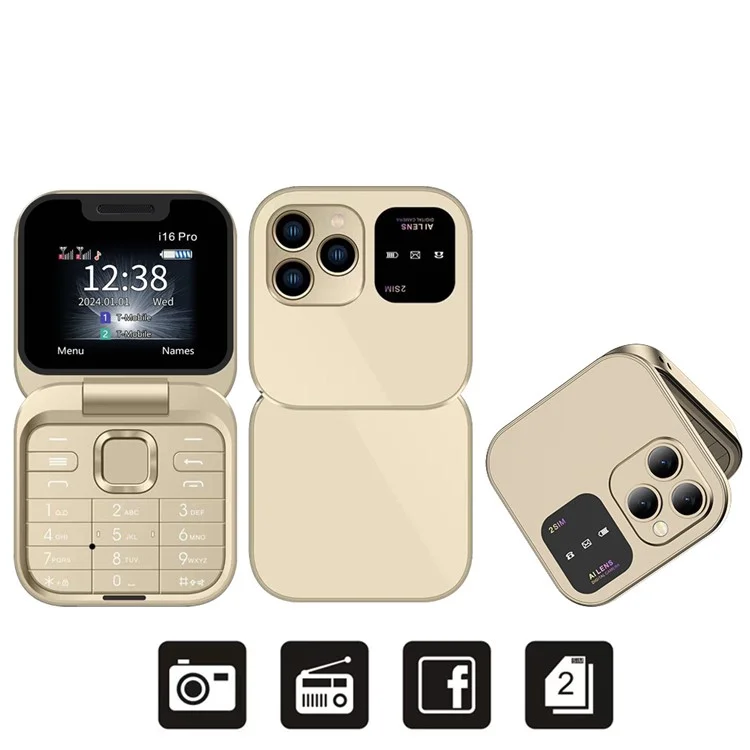 Miniphone SERVO i16 Pro - Dual SIM 2G 32MB+32MB Flip Foldable Phone - Gold