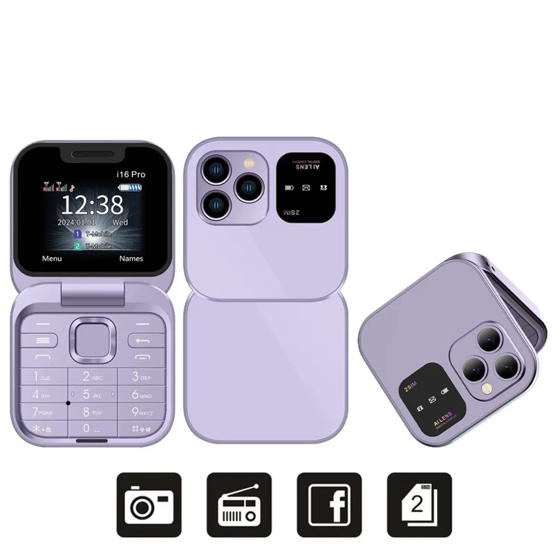 SERVO i16 Pro - Dual SIM 2G 32MB+32MB Flip Foldable Phone - Purple