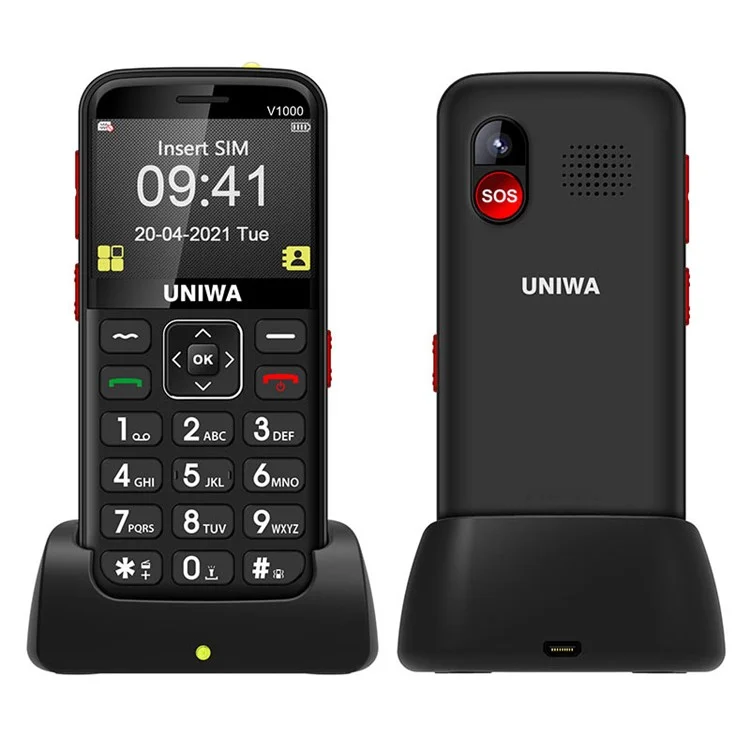 UNIWA V1000 4G Cellphone 2.31-inch 0.3MP Camera Big Button Bar Phone, EU Version - Black / EU Plug