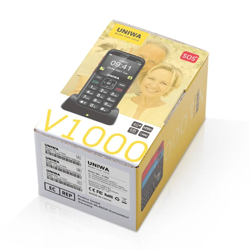 UNIWA V1000 4G Cellphone 2.31-inch 0.3MP Camera Big Button Bar Phone, EU Version - Black / AU Plug