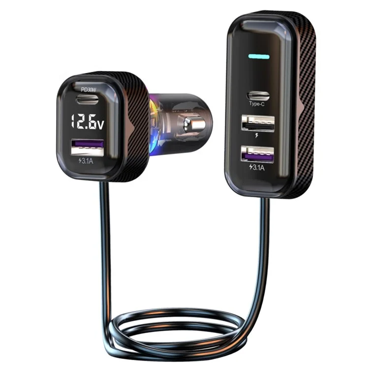 YQ6 PD 30W Fast Charging 2 Type-C + 3 USB Car Charger mit 1,5 m Verlängerungskabel für iPhone Huawei