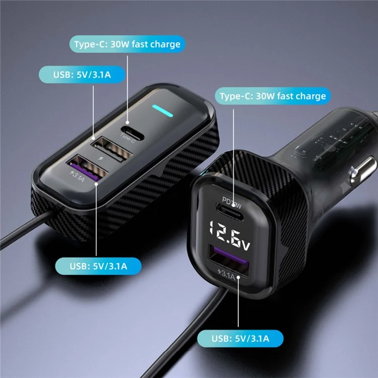 YQ6 PD 30W Fast Charging 2 Type-C + 3 USB Car Charger with 1.5m Extension Wire for iPhone Huawei