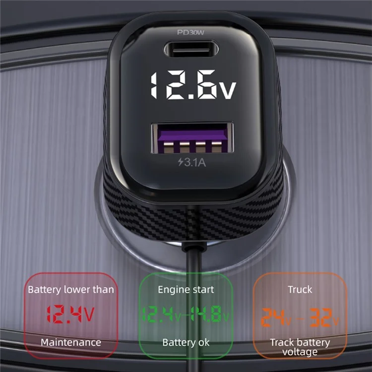 YQ6 PD 30W Fast Charging 2 Type-C + 3 USB Car Charger mit 1,5 m Verlängerungskabel für iPhone Huawei