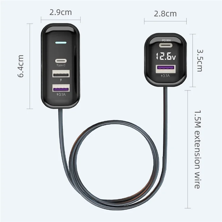 YQ6 PD 30W Fast Charging 2 Type-C + 3 USB Car Charger with 1.5m Extension Wire for iPhone Huawei