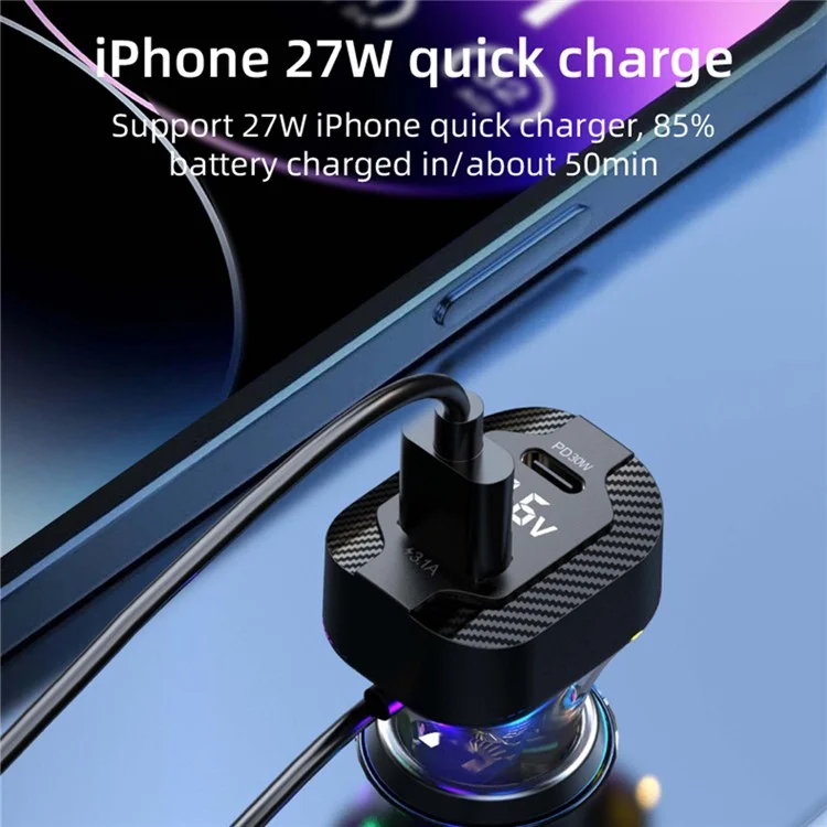 YQ7 Battery Voltage Display PD 30W Fast Charging 2 Type-C + 3 USB Car Charger with 1.5m Extension Wire