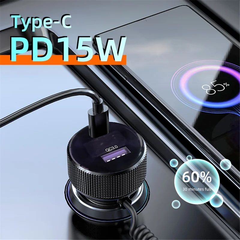 K18B 12-24V Car Charger USB+Type-C Dual Port Charging Adapter with PD 30W Type-C Spring Cable