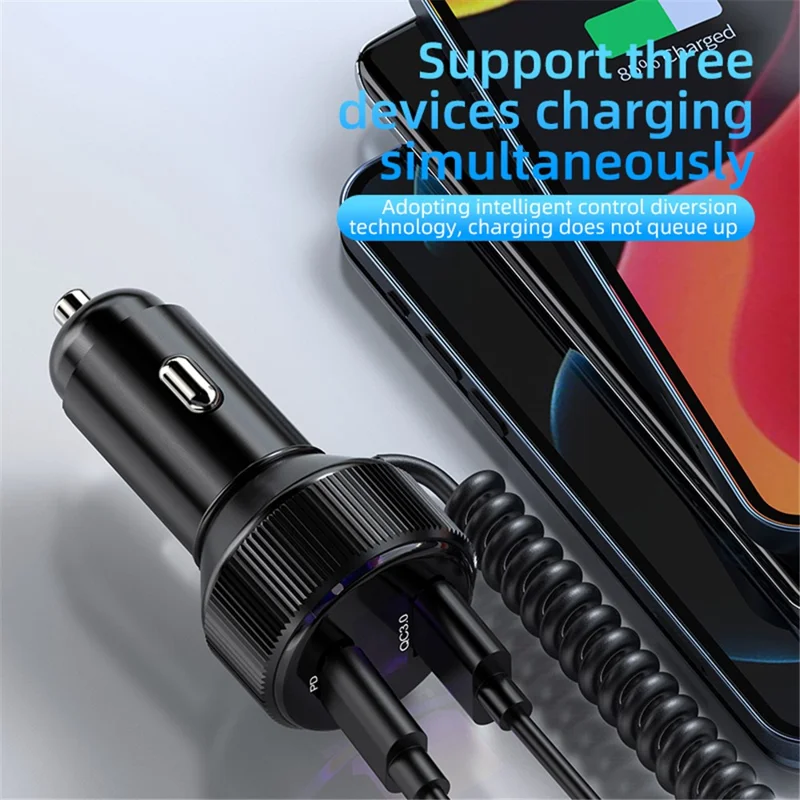 K18B 12-24V Car Charger USB+Type-C Dual Port Charging Adapter with PD 30W Type-C Spring Cable