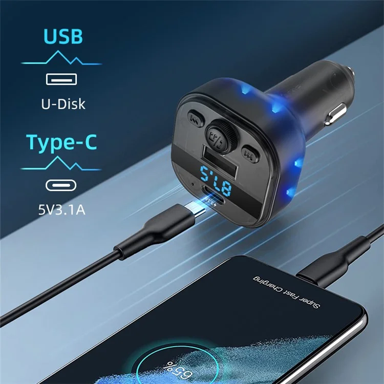 C1 Car Bluetooth-compatible MP3 Player Adapter Hands-free Charging Station with USB+Type-C Ports