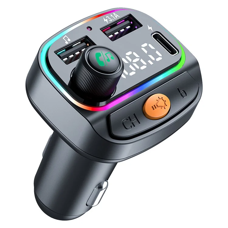 C2 Multifunctional Bluetooth MP3 Player Type-C+2 USB Car Charger con Luce Ambiente