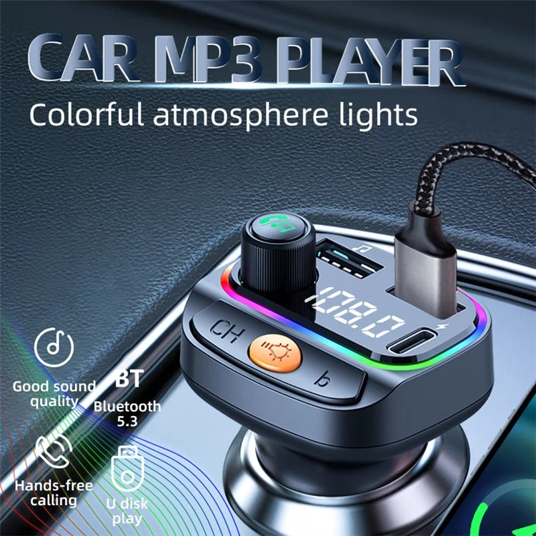C2 Multifunctional Bluetooth MP3 Player Type-C+2 USB Car Charger con Luce Ambiente