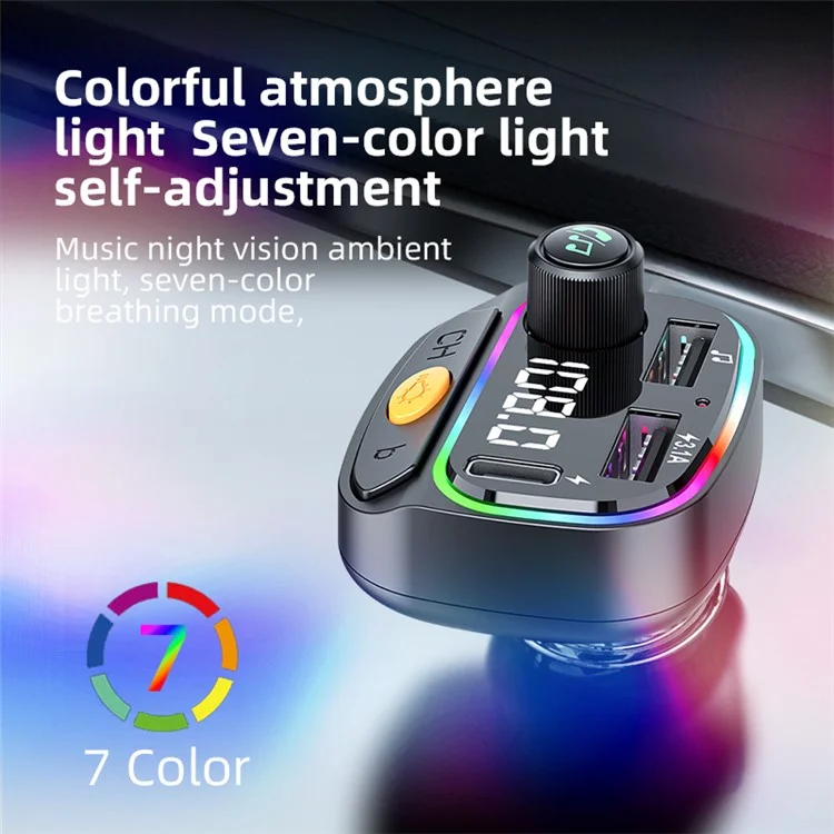 C2 Multifunctional Bluetooth MP3 Player Type-C+2 USB Car Charger con Luce Ambiente