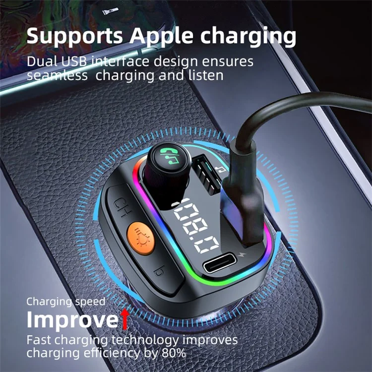 C2 Multifunctional Bluetooth MP3 Player Type-C+2 USB Car Charger con Luce Ambiente