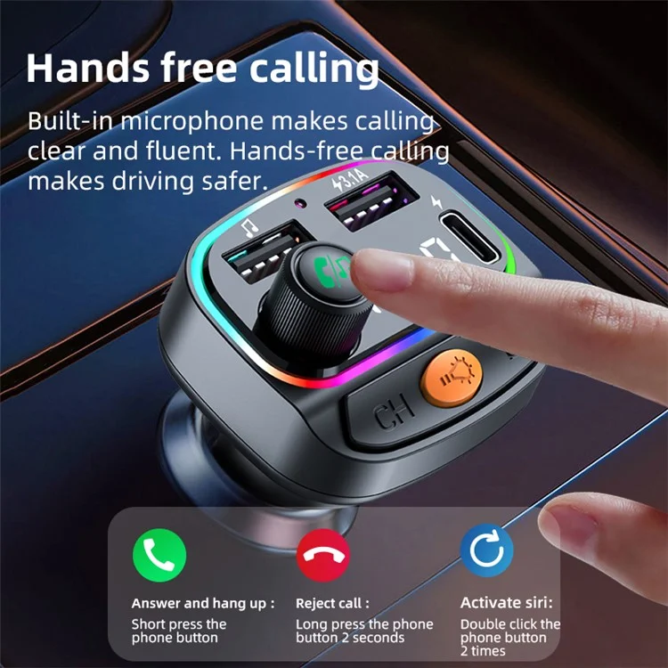 C2 Multifunctional Bluetooth MP3 Player Type-C+2 USB Car Charger con Luce Ambiente