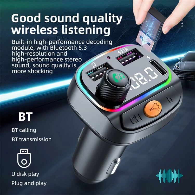 C2 Multifunctional Bluetooth MP3 Player Type-C+2 USB Car Charger con Luce Ambiente