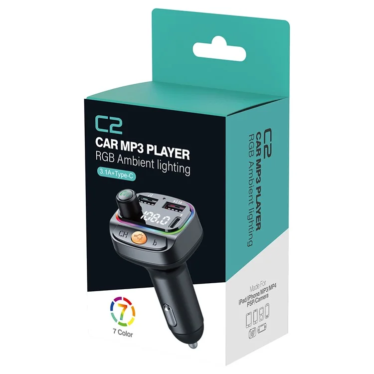 C2 Multifunctional Bluetooth MP3 Player Type-C+2 USB Car Charger con Luce Ambiente