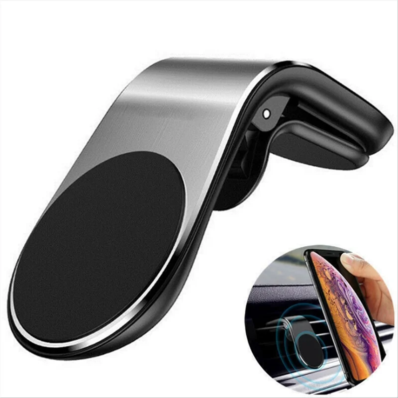 F3 Magnetic L-Type Phone Holder Car Air Vent Smartphone Stand Clip Mount - Silver