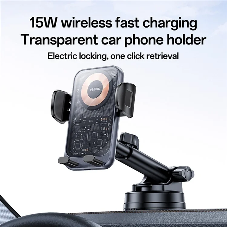 YESIDO C307 Phone Holder Stand 15W Wireless Charger Car Dashboard Suction Cup Bracket Auto Clamping