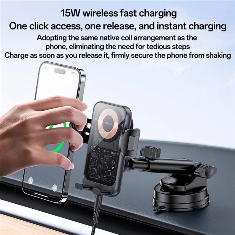 YESIDO C307 Phone Holder Stand 15W Wireless Charger Car Dashboard Suction Cup Bracket Auto Clamping