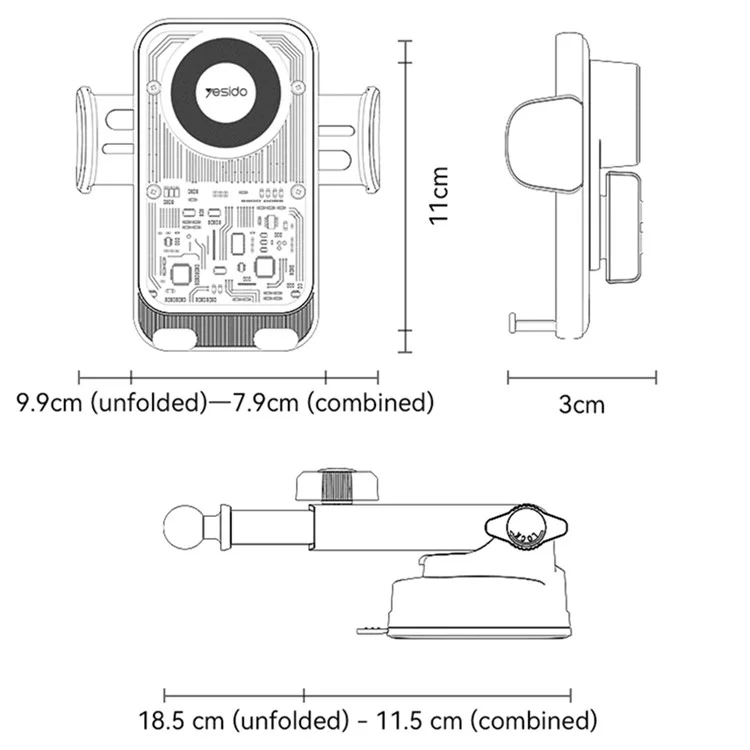 YESIDO C307 Phone Holder Stand 15W Wireless Charger Car Dashboard Suction Cup Bracket Auto Clamping