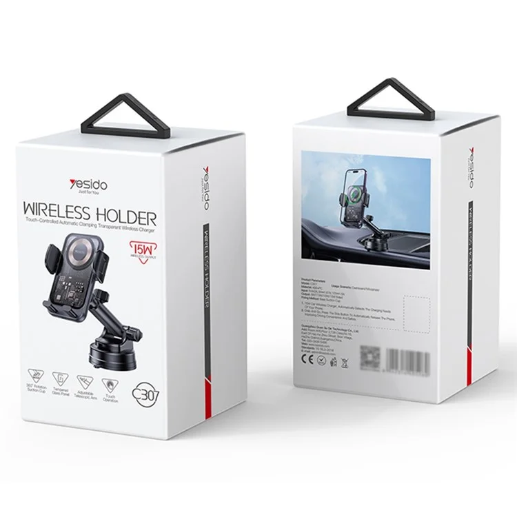 YESIDO C307 Phone Holder Stand 15W Wireless Charger Car Dashboard Suction Cup Bracket Auto Clamping