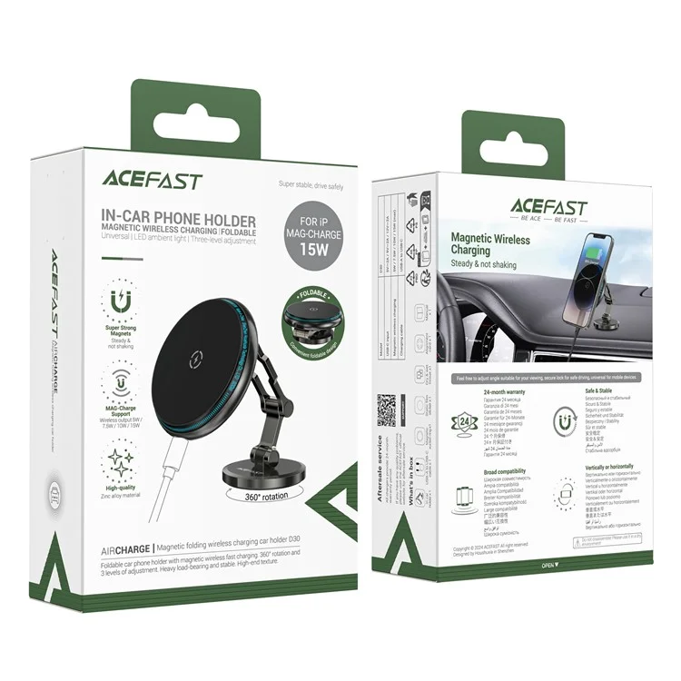 ACEFAST D30 Car Mount Phone Wireless Charger Center Console Foldable Phone Holder