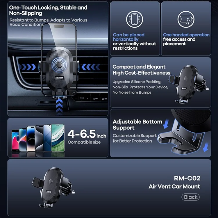 REMAX RM-C02 Porte-téléphone de voiture avec rotation à 360 degrés et antiglisse, compatible avec les téléphones de 4 à 6,5 pouces