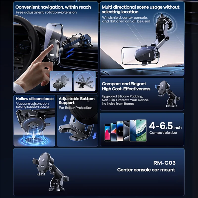REMAX RM-C03 Dashboard Car Mount Phone Holder 360-Degree Rotation Anti-Slip Compatible with 4-6.5 Inch Phones