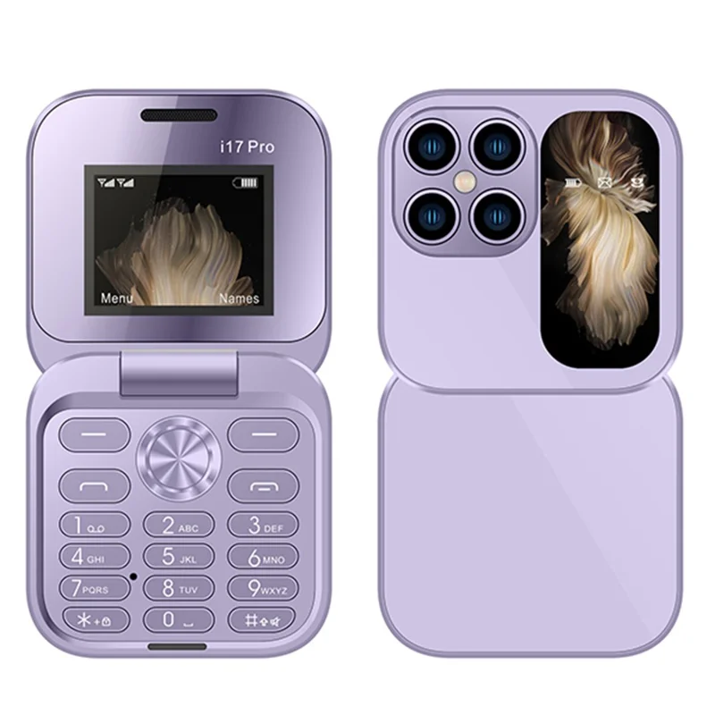 i17mini Dual SIM Mini mobiltelefon för äldre 2G 32MB+32MB Flip vikbar telefon - Lila