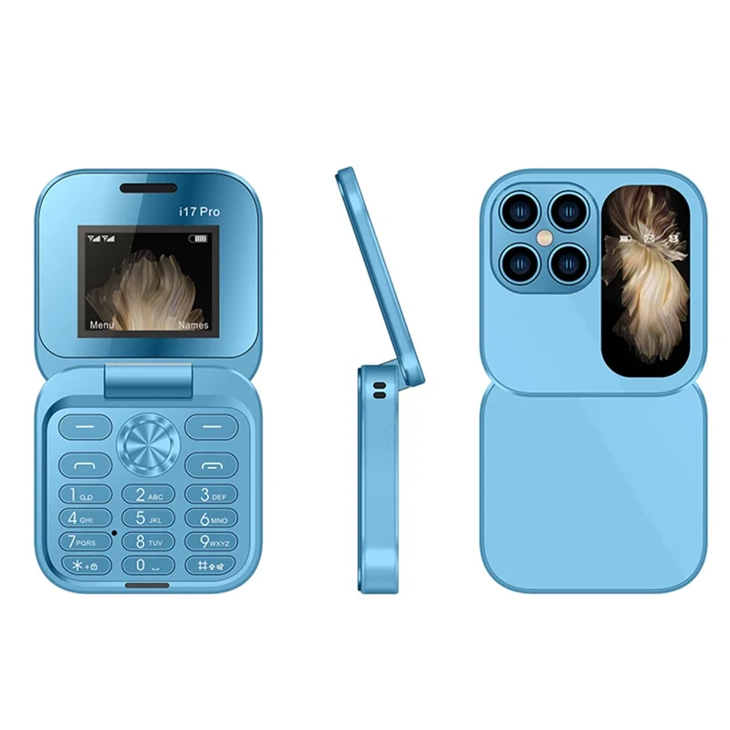 i17mini Dual SIM Mini Elderly Mobile Phone 2G 32MB+32MB Flip Foldable Phone - Blue