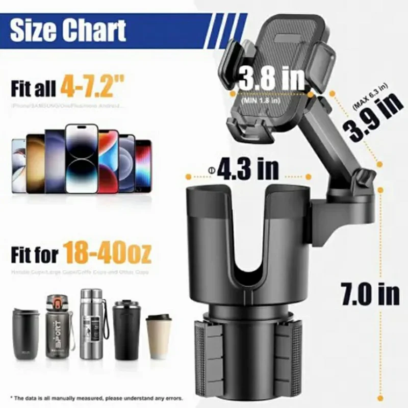 2-in-1 Car Cup Holder Expander 360 Degree Rotating Phone Mount for for Drink Bottles