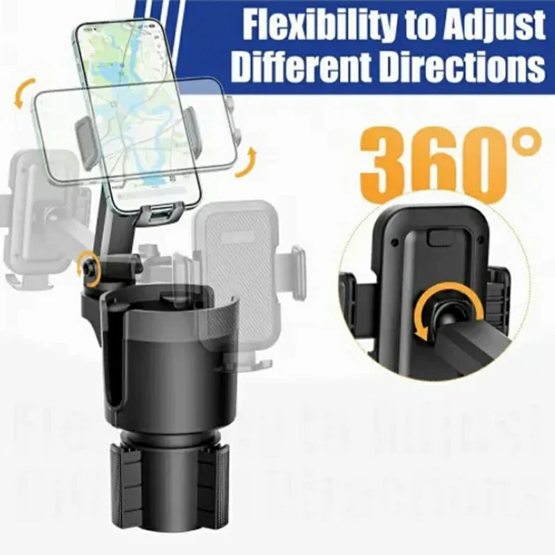 2-in-1 Car Cup Holder Expander 360 Degree Rotating Phone Mount for for Drink Bottles