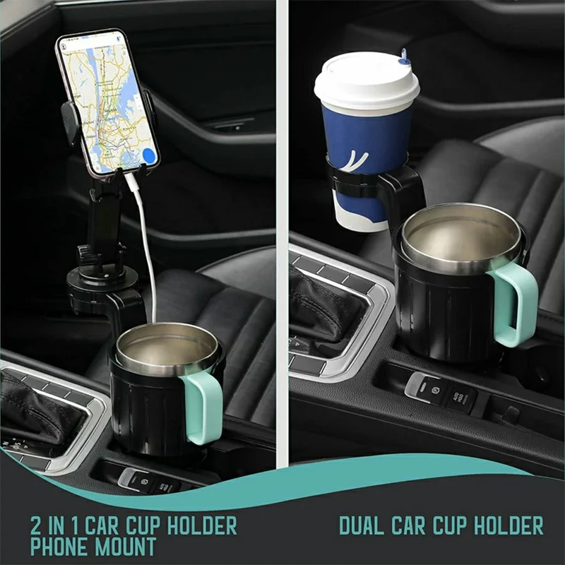 2-in-1 Car Cup Holder Expander 360 Degree Rotating Phone Mount for for Drink Bottles