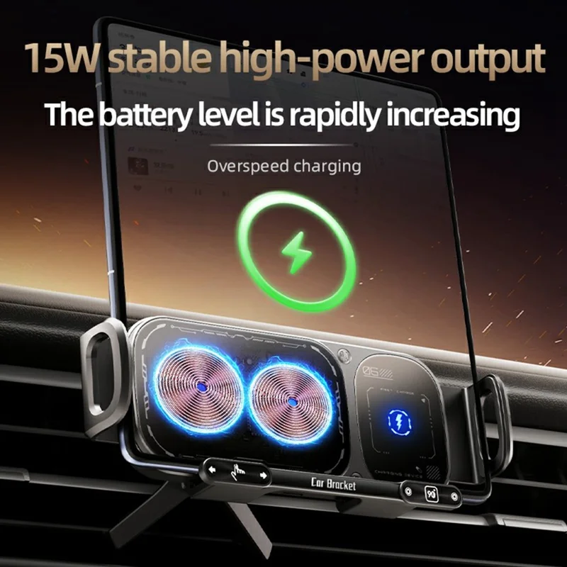 SD01 15W Wireless Charger Phone Holder Air Vent Car Mount Dual Coil Rotating Phone Stand - Grey