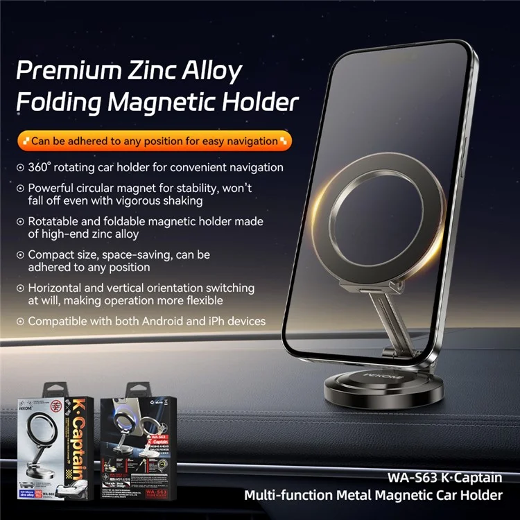 Soporte para teléfono de coche WEKOME WA-S63 Montaje magnético multifunción giratorio 360° de aleación de zinc - Gris