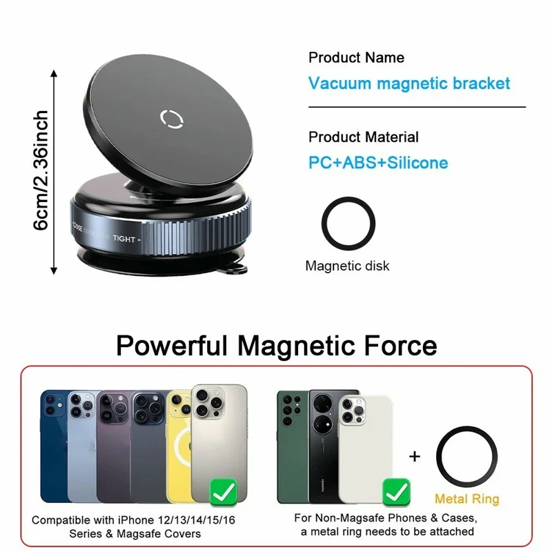 K009 Mechanical Vacuum Suction Magnetic Car Phone Mount 360 Degree Rotation Navigation Holder - Black
