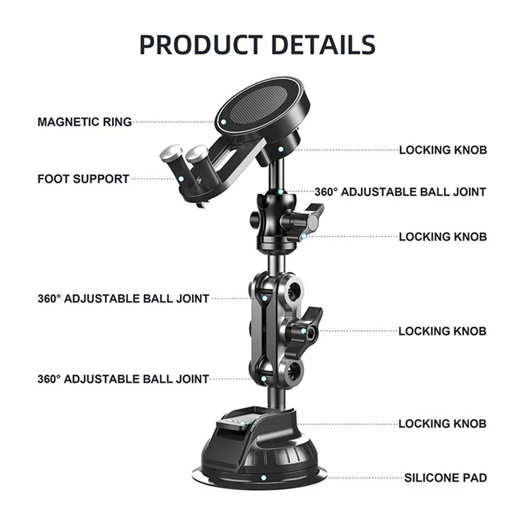 X037 Short Type Compatible with MagSafe Car Phone Holder Suction Cup Base Long Arm Cellphone Bracket