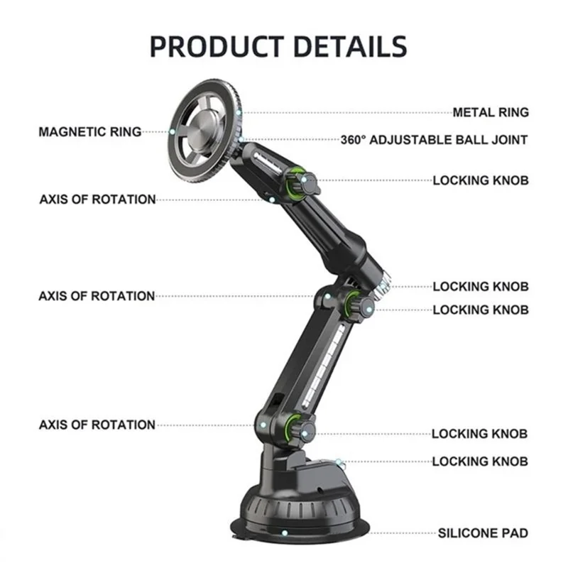 XWJ-JX04 360 Degree Rotation Magnetic Car Mount Suction Cup Base Long Arm Phone Holder for Dashboard Windshield - Gear Type