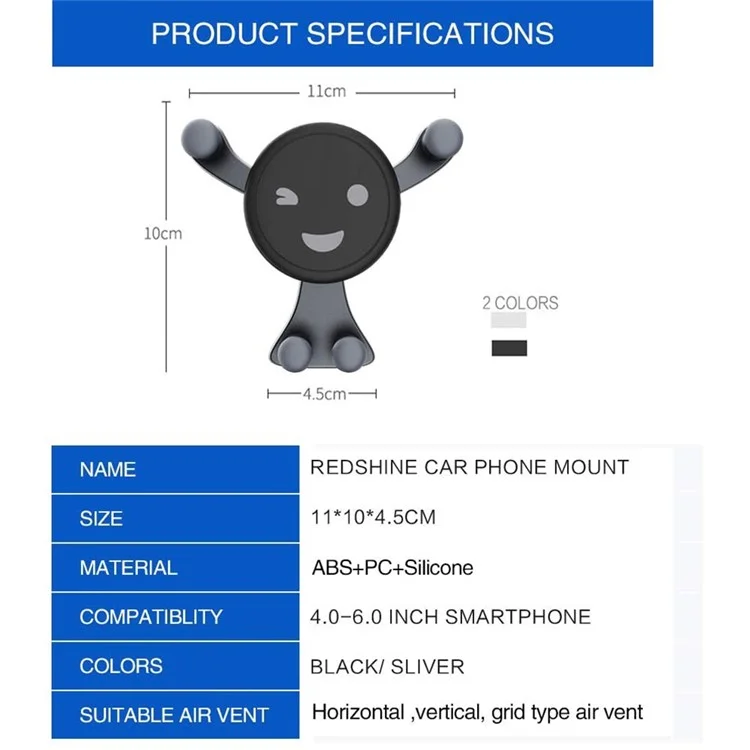Suporte de Celular para Carro com Design de Emoji Sorridente - Apoio Universal para Saída de Ar para Navegação - Cinza