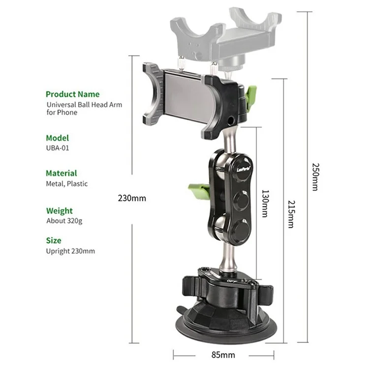 LANPARTE UBA-01 Universal Ball Head Arm Car Suction Cup Mount Multi Angle Adjustable Phone Bracket