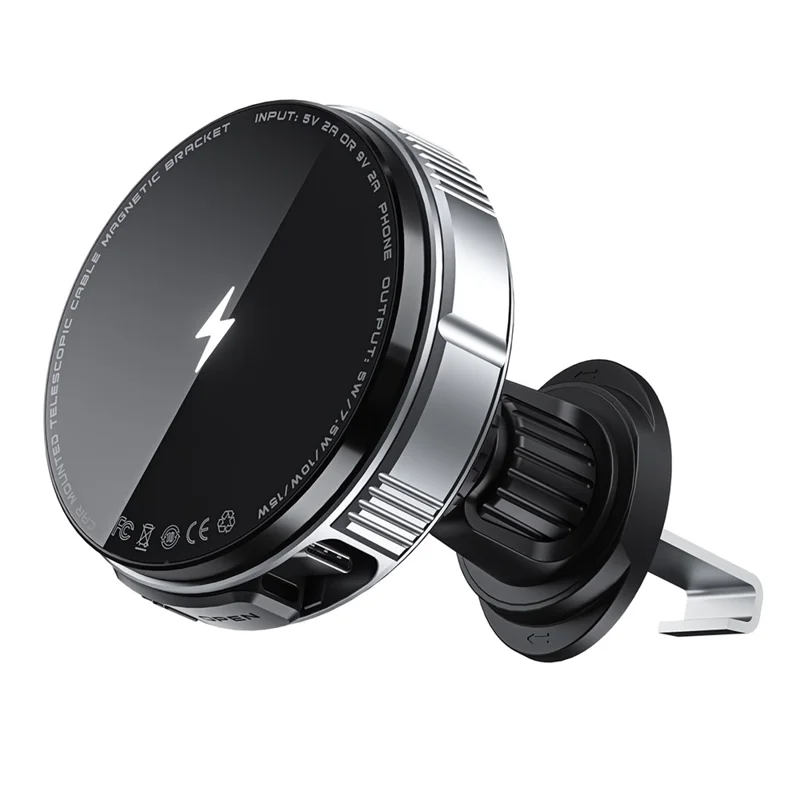 X02 15W Car Air Vent Mount Magnetic Phone Holder Wireless Charger with Retractable Type C Cable - Silver