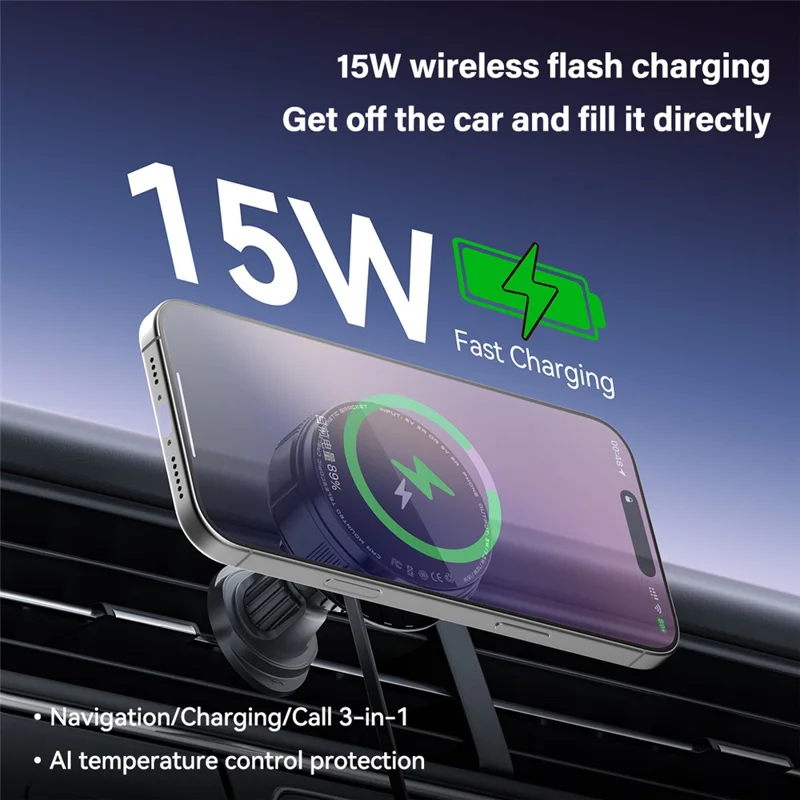 X02 15W Car Air Vent Mount Magnetic Phone Holder Wireless Charger with Retractable Type C Cable - Silver